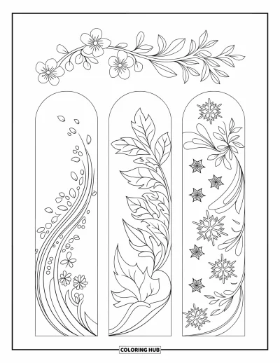 Coloriage de marque-pages pour adultes : Marque-pages avec des fleurs de printemps, des feuilles d'automne et des flocons de neige détaillés