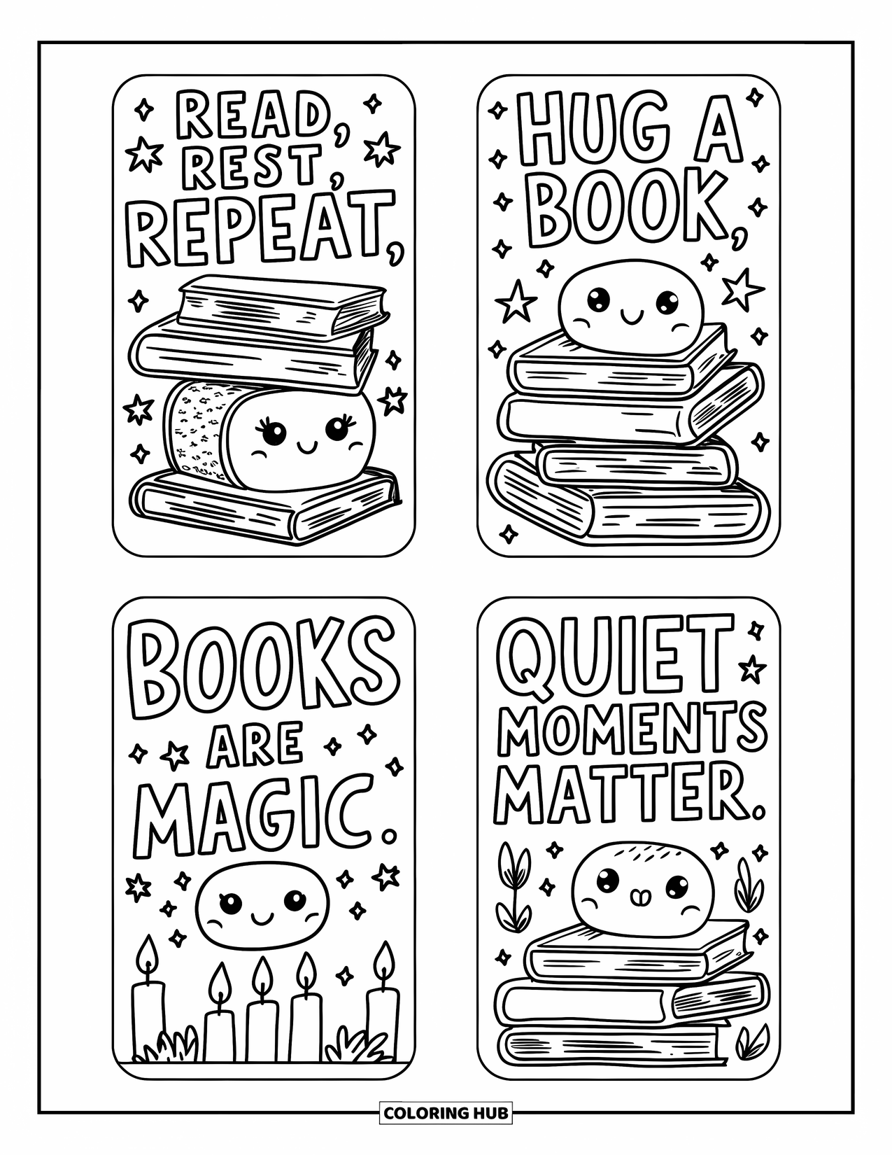 Bookmark Coloring Page for Adults: Bookmarks with book stacks, stars, plants, and phrases like "Books Are Magic"