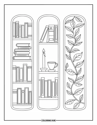 Coloriage de marque-pages pour adultes : Marque-pages avec des scènes de bibliothèque : livres, bougie, tasse de thé et lianes grimpantes
