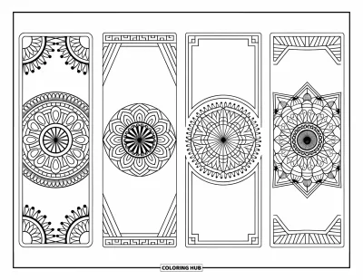Coloriage de marque-pages pour adultes : Marque-pages avec des mandalas centrés encadrés de formes géométriques soignées