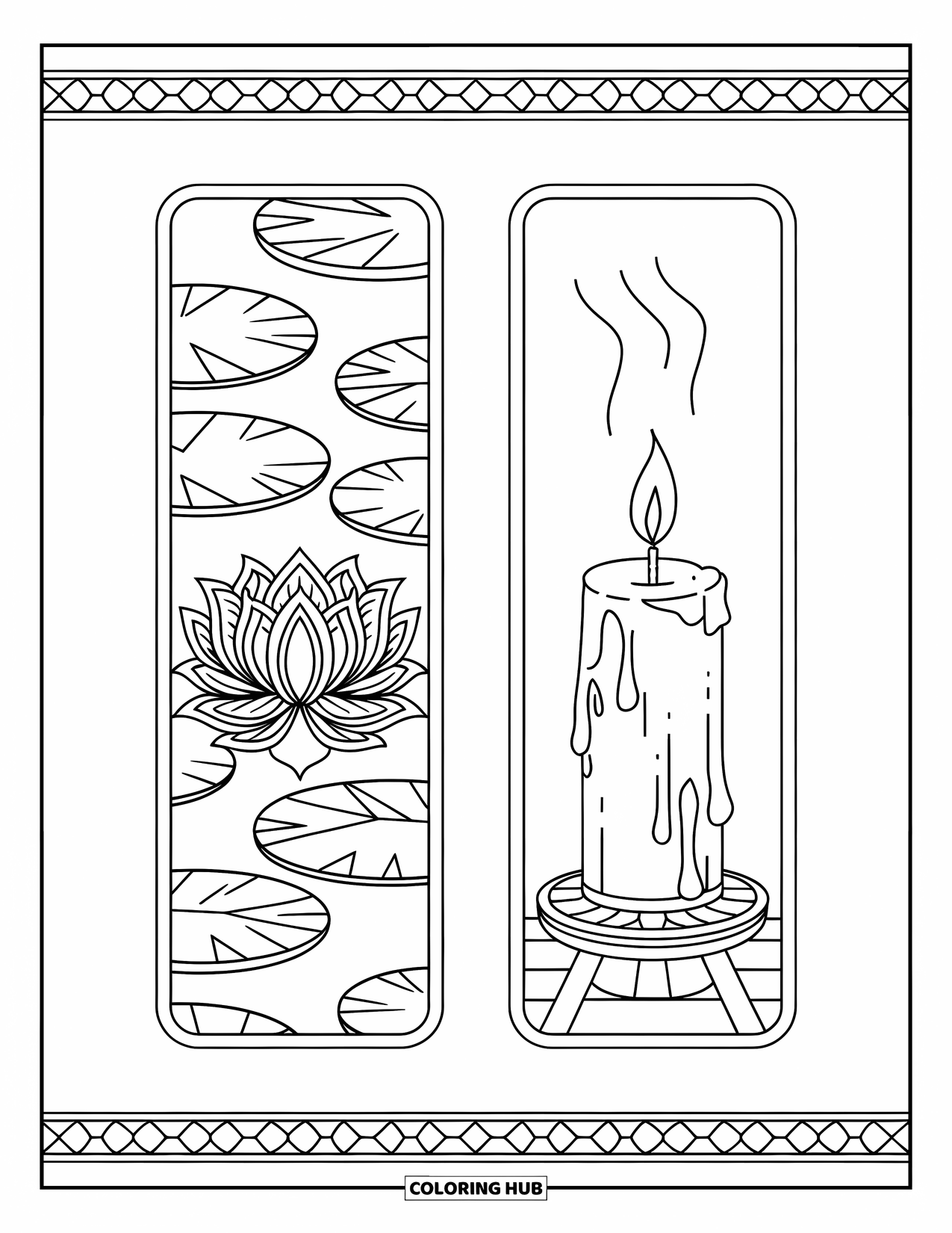 Bookmark Coloring Page for Adults: Bookmarks with lotus surrounded by lilies and candle with soft smoke lines