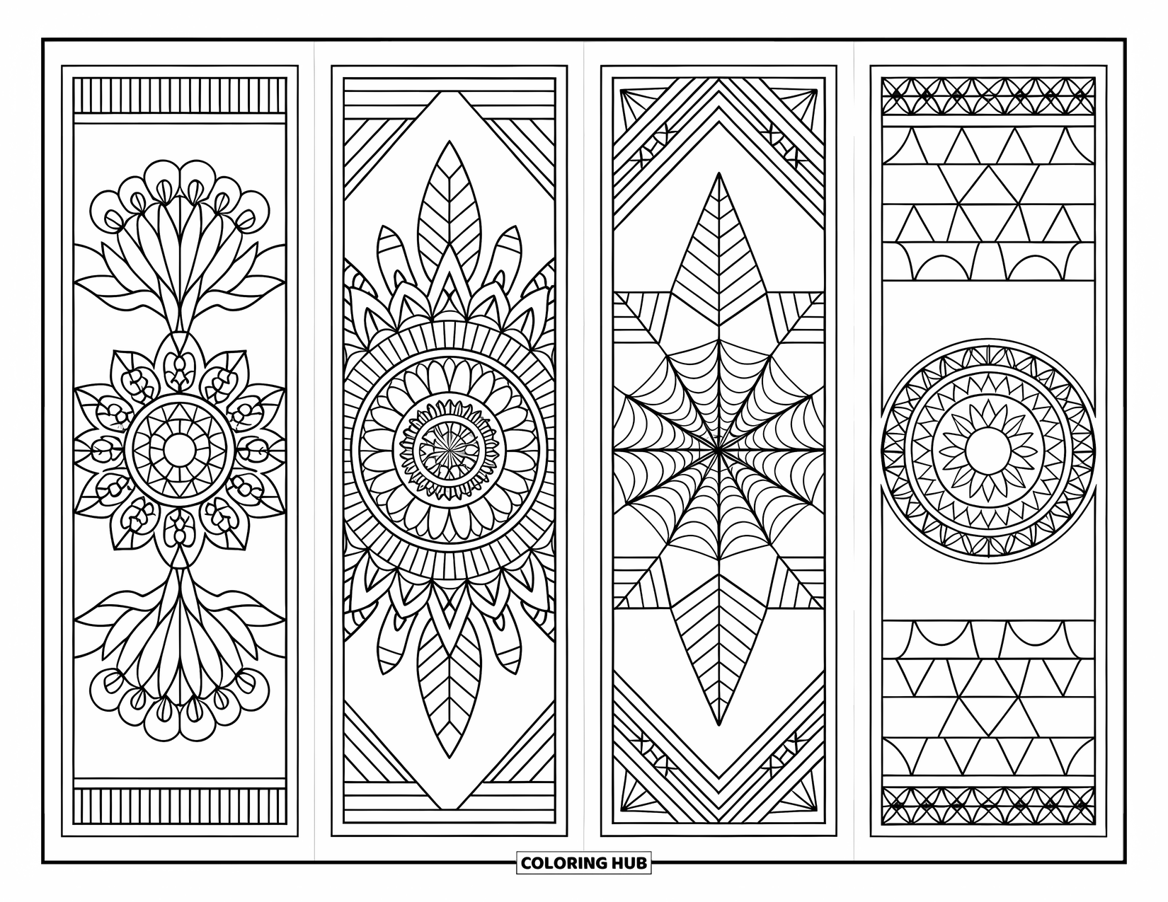Bookmark Coloring Page for Adults: Bookmarks with mandalas and geometric frames in various detailed patterns