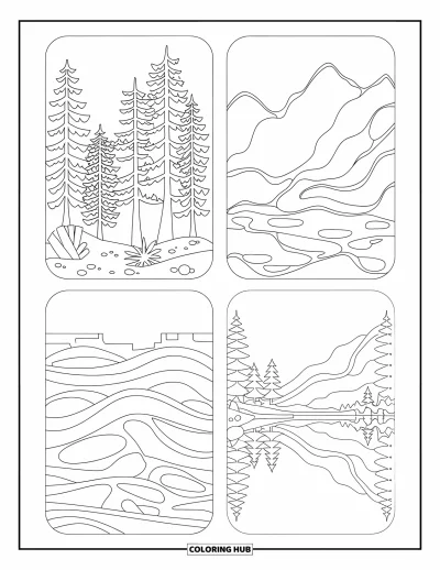 Coloriage de marque-pages pour adultes : Marque-pages avec des pins, des cimes montagneuses, des vagues et le reflet d'un lac serein
