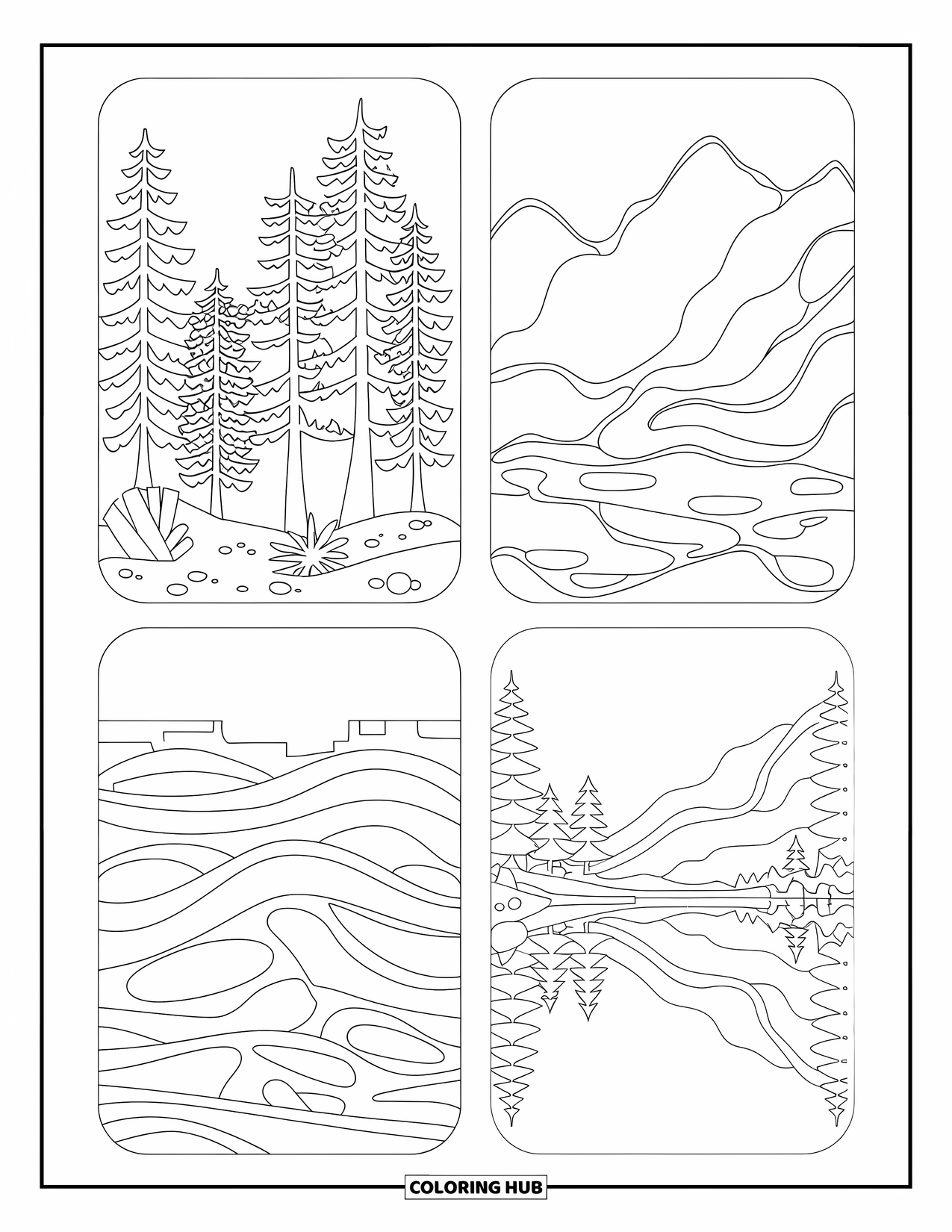 Bookmark Coloring Page for Adults: Bookmarks with pine trees, mountain peaks, waves, and calm lake reflection