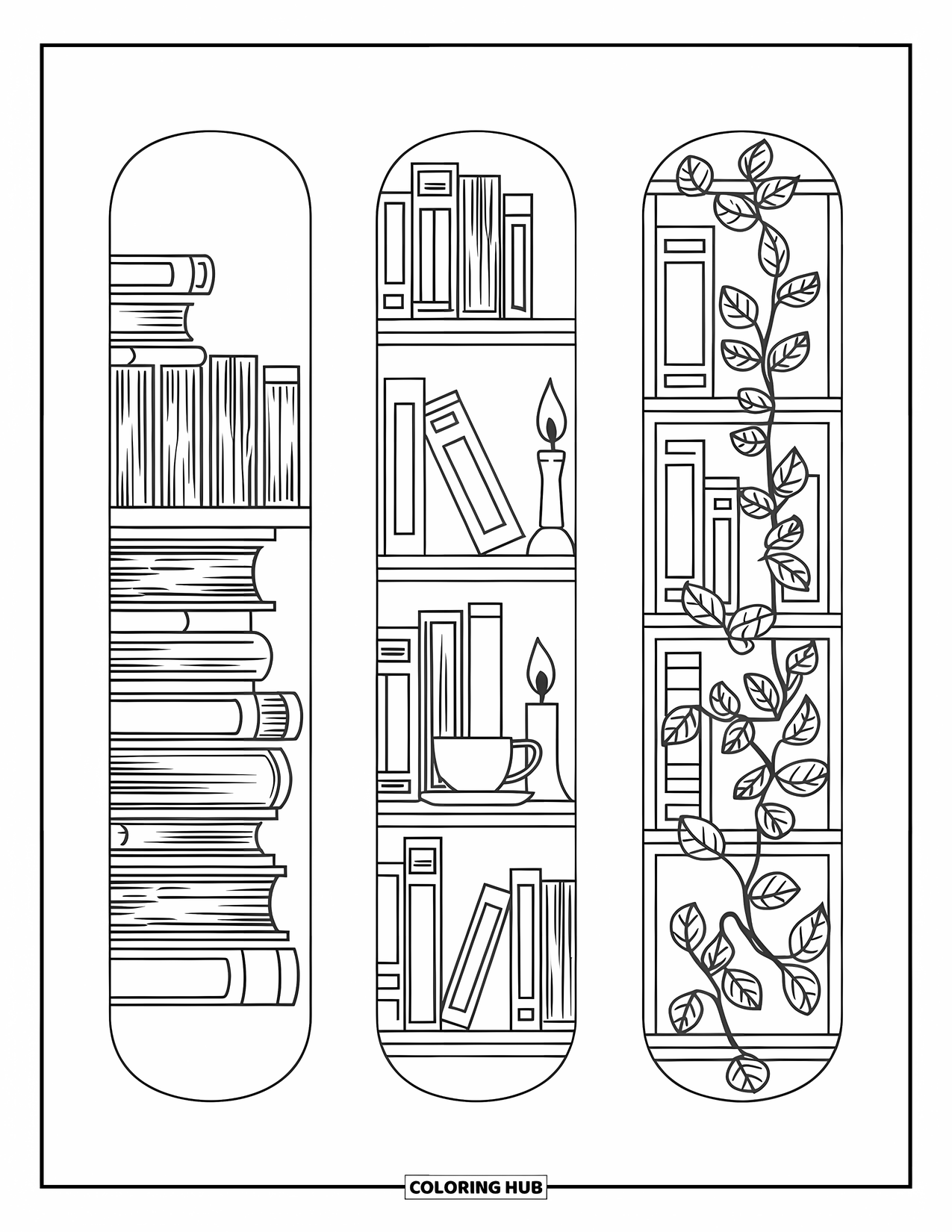 Bookmark Coloring Page for Adults: Bookshelf bookmarks with old books, warm teacup, candle, and leafy vines