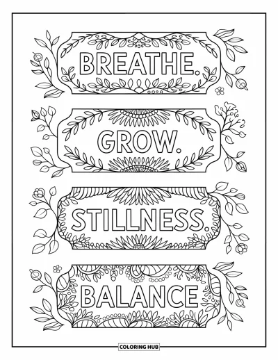 Coloriage de marque-pages pour adultes : Marque-pages "Breathe", "Grow", "Stillness" et "Balance" avec de luxuriantes bordures botaniques
