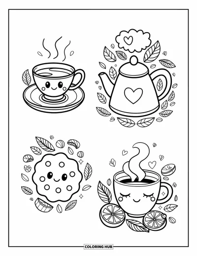 Coloriage de marque-pages pour adultes : Marque-pages thé chaleureux avec une tasse, une théière fumante, un biscuit et une tasse endormie