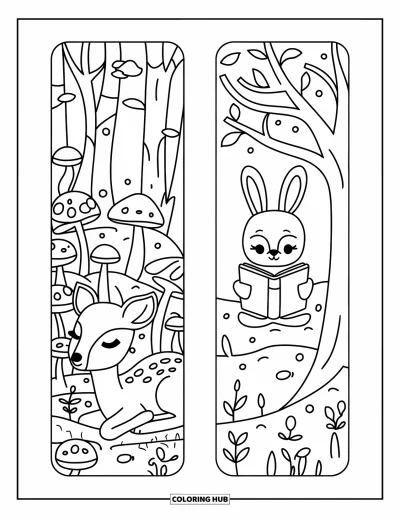 Coloriage de marque-pages pour adultes : Marque-pages forêt avec un cerf et un lapin dans des scènes boisées calmes et chaleureuses