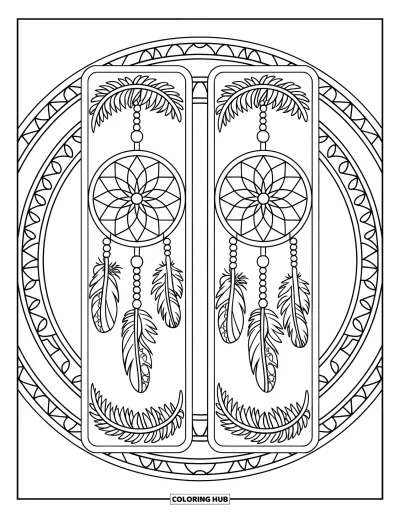 Coloriage de marque-pages pour adultes : Marque-pages attrape-rêves avec plumes, perles et motifs en toile
