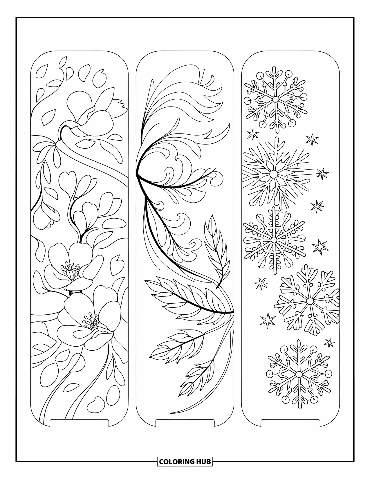 Bookmark Coloring Page for Adults: Dreamcatchers with feathers, beads, and swirling border on bookmarks