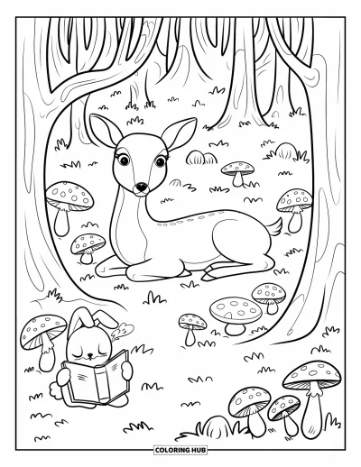 Coloriage de marque-pages pour adultes : Marque-pages forêt avec un cerf au repos et un lapin qui lit sous un arbre