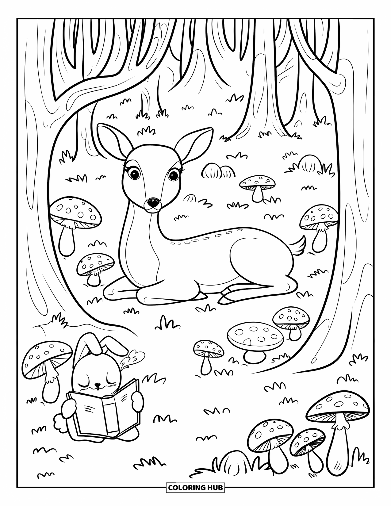 Bookmark Coloring Page for Adults: Forest bookmarks with deer resting and bunny reading under a tree