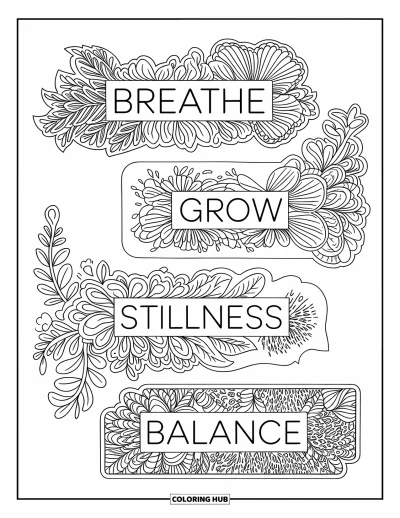 Coloriage de marque-pages pour adultes : Quatre marque-pages avec "Breathe", "Grow", "Stillness" et "Balance" aux motifs botaniques