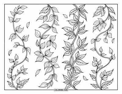 Coloriage de marque-pages pour adultes : Quatre marque-pages avec des rinceaux floraux, des feuilles et de petits pétales dans différentes directions