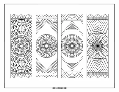 Coloriage de marque-pages pour adultes : Quatre marque-pages avec des mandalas complexes et des bordures géométriques