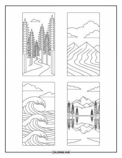 Coloriage de marque-pages pour adultes : Quatre marque-pages avec forêt sinueuse, vue sur les montagnes, vagues et lac en reflet