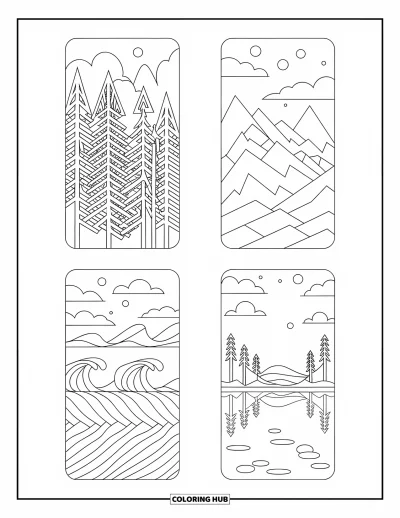 Coloriage de marque-pages pour adultes : Quatre marque-pages nature avec forêt de pins, sommets montagneux, vagues et reflet sur un lac calme