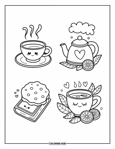 Coloriage de marque-pages pour adultes : Quatre marque-pages thé avec une tasse, une théière, un biscuit et une tasse endormie