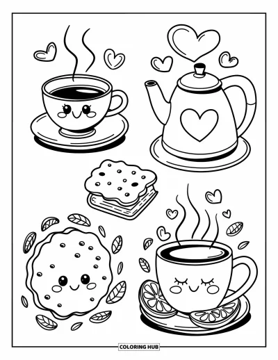 Coloriage de marque-pages pour adultes : Quatre marque-pages thé avec une tasse, une théière, un biscuit-livre et une tasse endormie