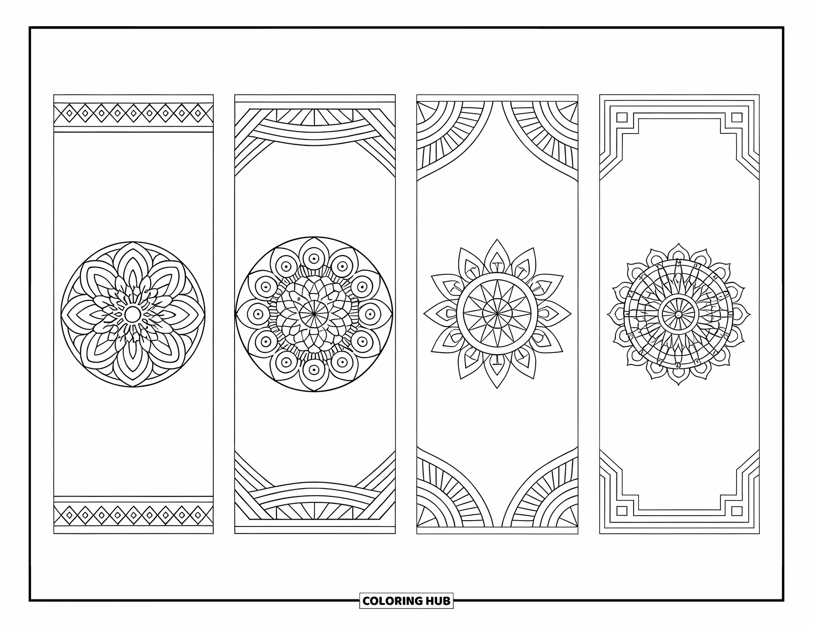 Bookmark Coloring Page for Adults: Geometric mandala bookmarks with circles, triangles, and clean borders