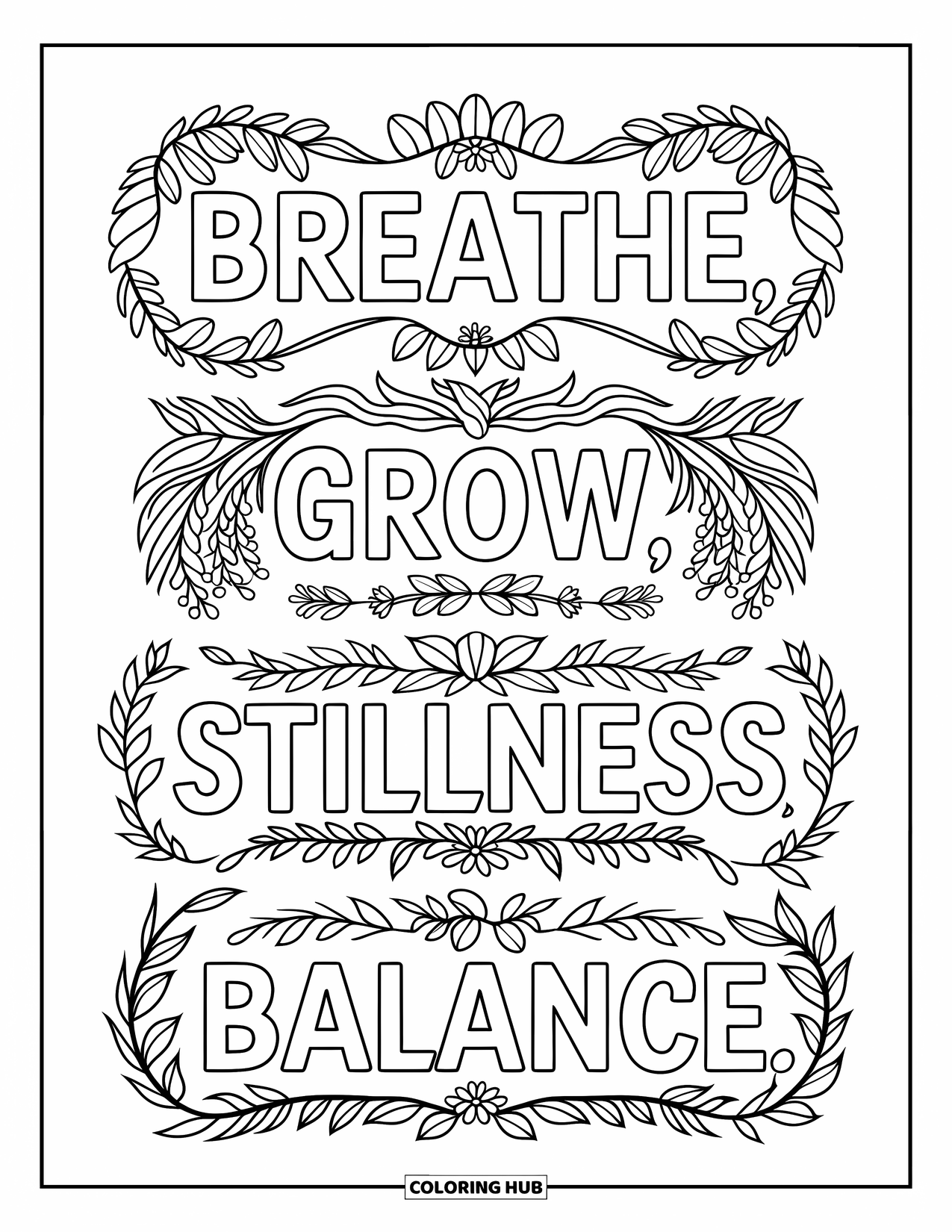 Bookmark Coloring Page for Adults: Inspirational word bookmarks with detailed botanical patterns