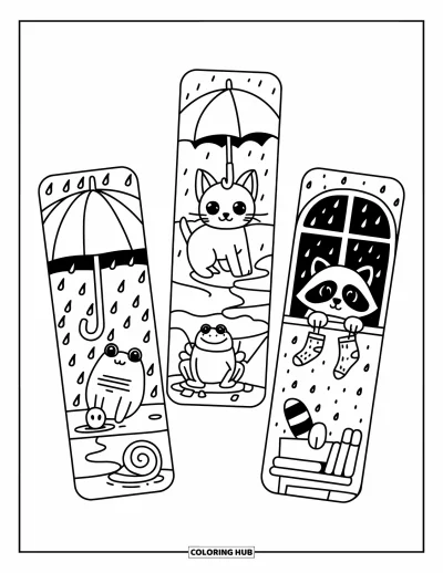 Coloriage de marque-pages pour adultes : Chaton sous un parapluie, grenouille dans les flaques et raton laveur à la fenêtre sur des marque-pages