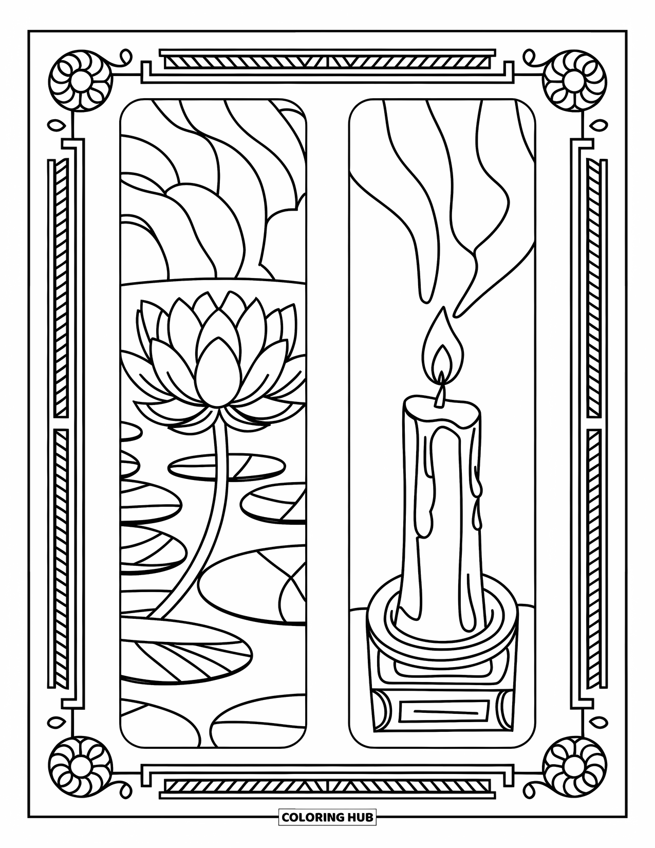 Bookmark Coloring Page for Adults: Lotus flower and candle bookmarks with calm spiritual designs