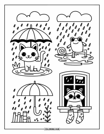 Coloriage de marque-pages pour adultes : Marque-pages jour de pluie avec un chaton, une grenouille et un raton laveur dans des scènes douillettes