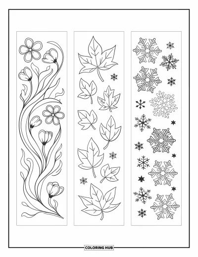 Coloriage de marque-pages pour adultes : Marque-pages saisonniers avec des fleurs en fleurs, des feuilles qui tombent et des motifs de flocons de neige