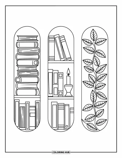 Coloriage de marque-pages pour adultes : Livres empilés, bougie avec tasse de thé et lianes s'enroulant entre les livres sur des marque-pages