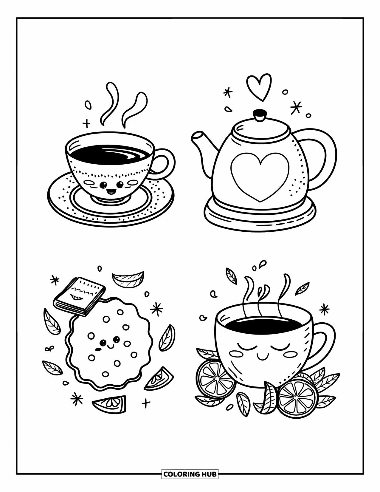 Bookmark Coloring Page for Adults: Tea-themed bookmarks with happy cup, kettle, biscuit, and sleepy mug