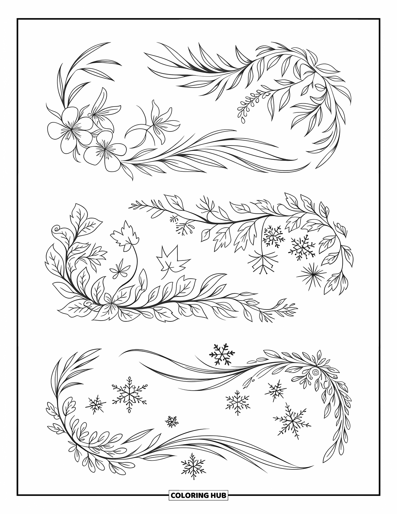 Bookmark Coloring Page for Adults: Three bookmarks with spring blossoms, autumn leaves, and snowflakes