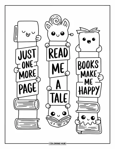 Coloriage de marque-pages pour adultes : Trois marque-pages avec des banderoles : "Just One More Page", "Read Me a Tale", "Books Make Me Happy"