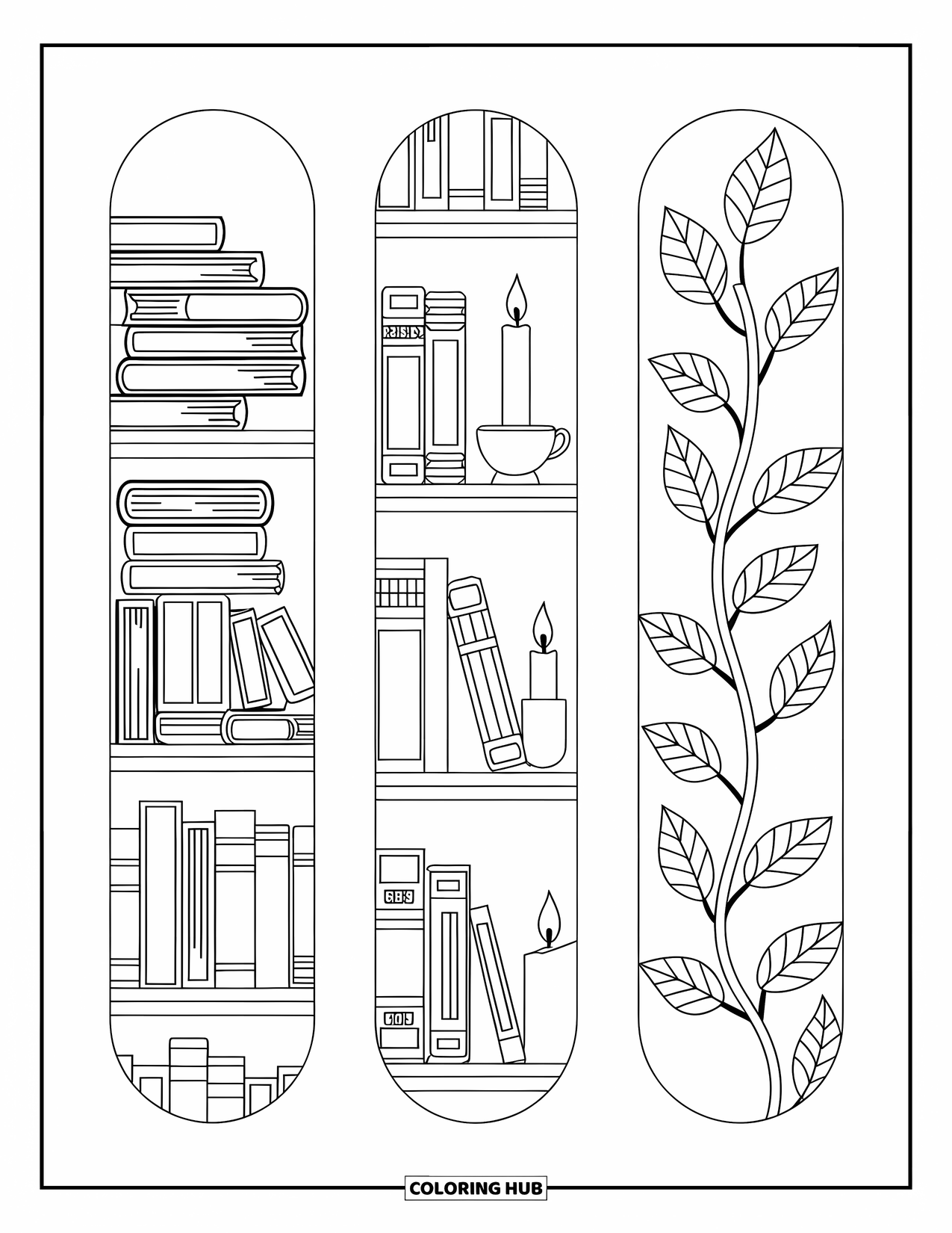 Bookmark Coloring Page for Adults: Three bookshelf bookmarks with stacked books, teacup with candle, and curling vines