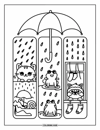 Coloriage de marque-pages pour adultes : Trois marque-pages sous la pluie avec un chaton, une grenouille dans les flaques et un raton laveur à la fenêtre
