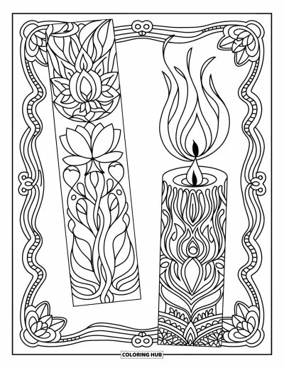 Coloriage de marque-pages pour adultes : Deux marque-pages avec une fleur de lotus et une bougie entourées de bordures décoratives