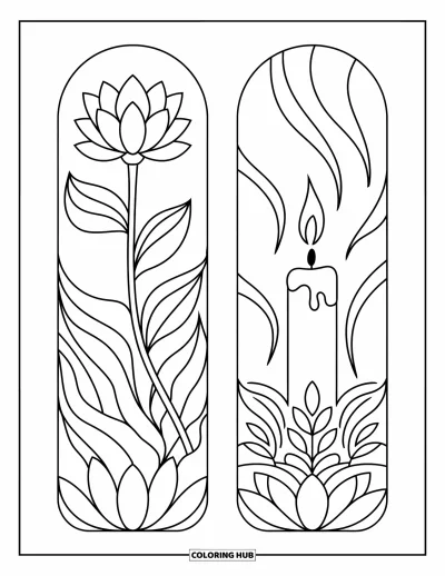 Coloriage de marque-pages pour adultes : Deux marque-pages spirituels avec une fleur de lotus et une bougie à la fumée montante