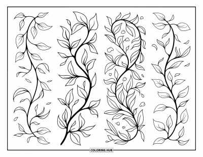 Coloriage de marque-pages pour adultes : Des lianes avec feuilles et pétales s'enroulent de différentes façons sur quatre marque-pages