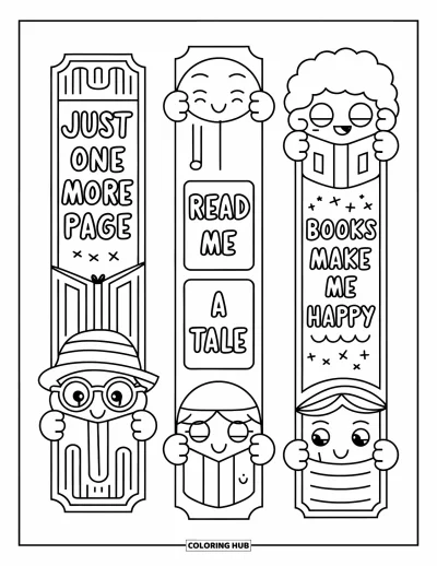 Coloriage de marque-pages pour adultes : Banderoles avec des phrases sur la lecture et de mignons personnages tenant chaque extrémité