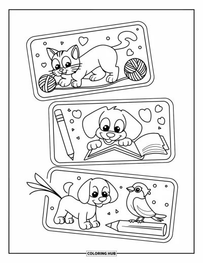 Coloriage de marque-pages pour enfants : Marque-pages animaux avec un chat et sa pelote, un chien qui lit et un oiseau sur un crayon