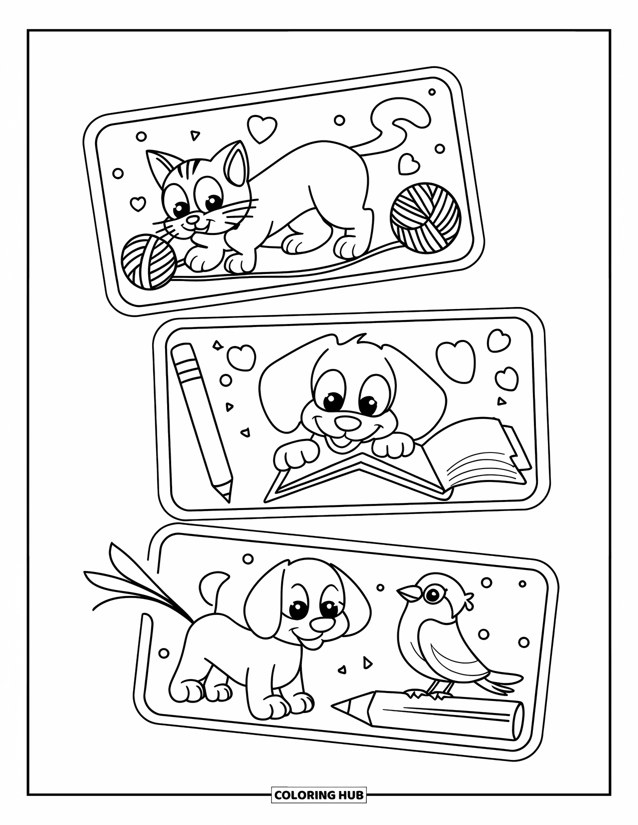 Bookmark Coloring Page for Kids: Animal bookmarks with cat and yarn, dog reading, and bird on pencil