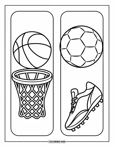 Coloriage de marque-pages pour enfants : Marque-pages avec un ballon de basket passant dans le panier et une chaussure de foot qui frappe le ballon