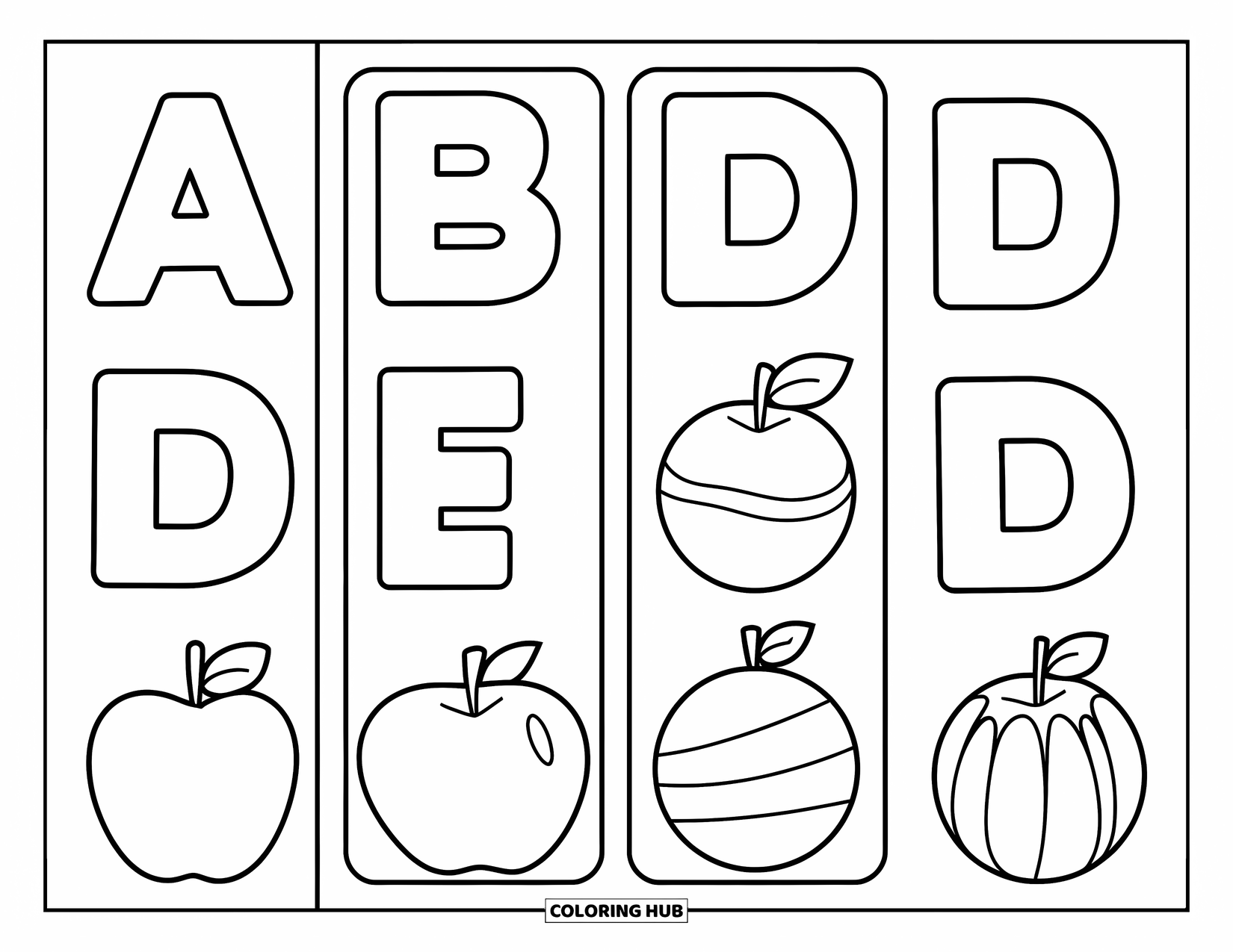 Bookmark Coloring Page for Kids: Big letters AD with simple objects on cheerful bookmarks