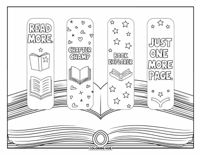 Coloriage de marque-pages pour enfants : Jeux de mots sur quatre marque-pages : "Read More", "Chapter Champ" et bien d'autres