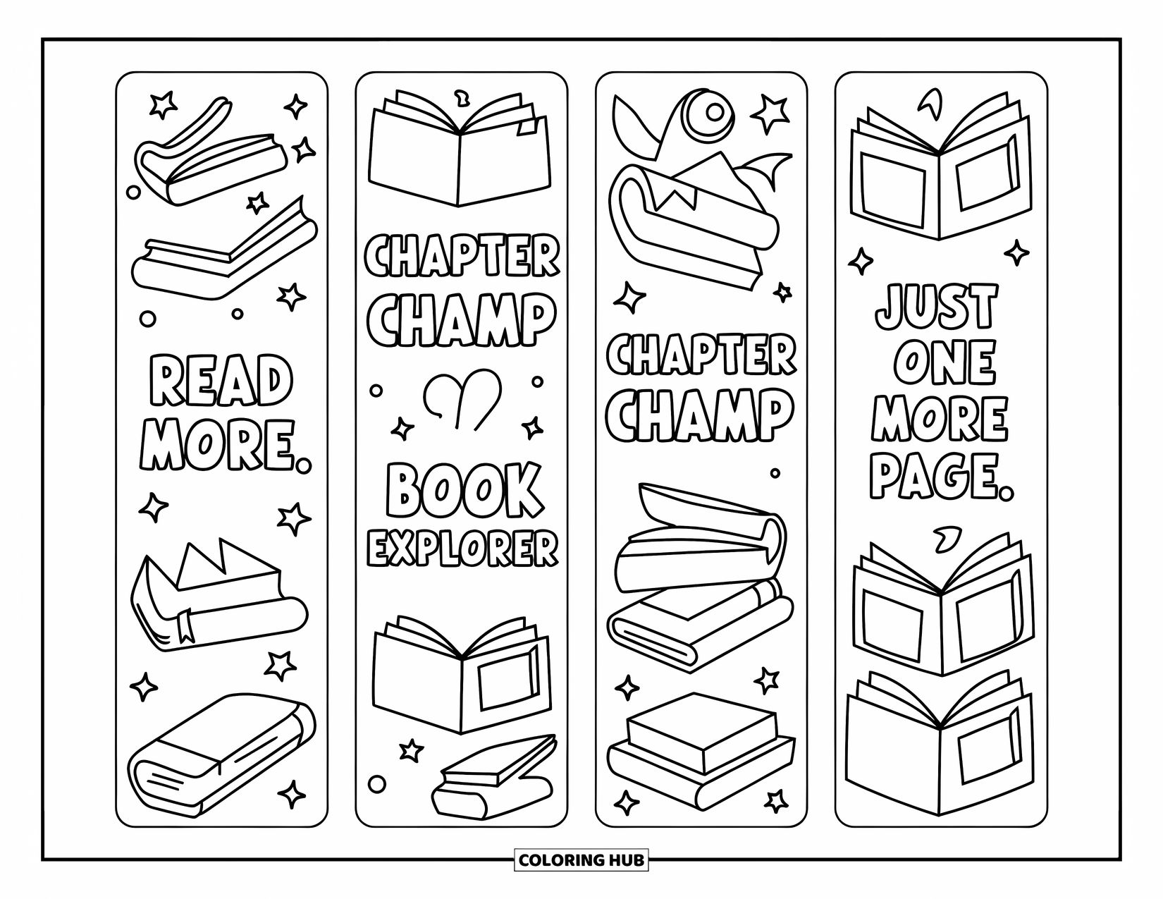 Bookmark Coloring Page for Kids: Book-themed puns on four bookmarks for reading fun