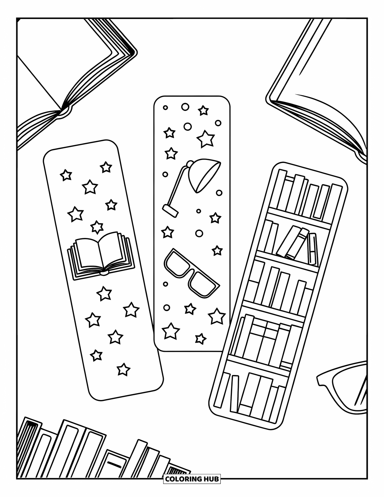 Bookmark Coloring Page for Kids: Bookmarks with book, stars, glasses, lamp, and bookshelf