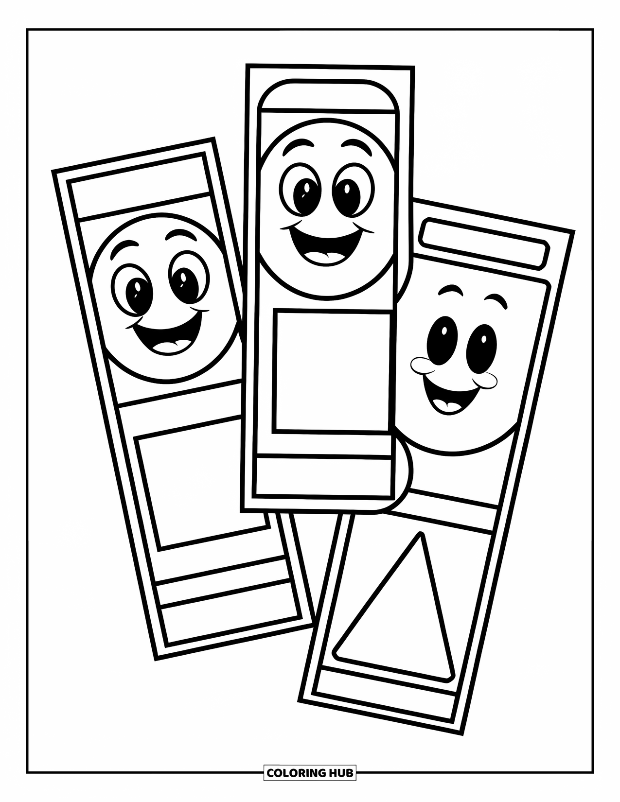 Bookmark Coloring Page for Kids: Bookmarks with happy circle, square, and triangle shapes for little ones