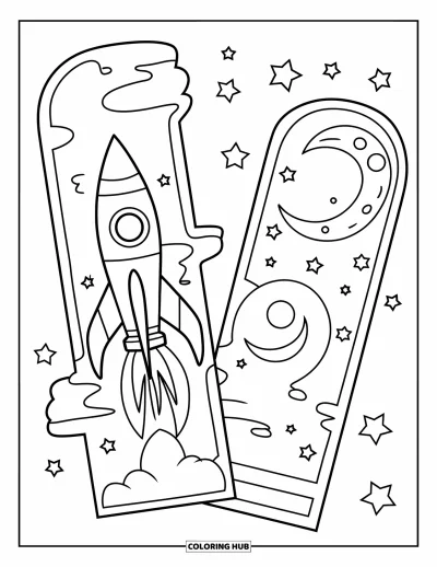 Coloriage de marque-pages pour enfants : Marque-pages avec une fusée et une lune entourée d'étoiles