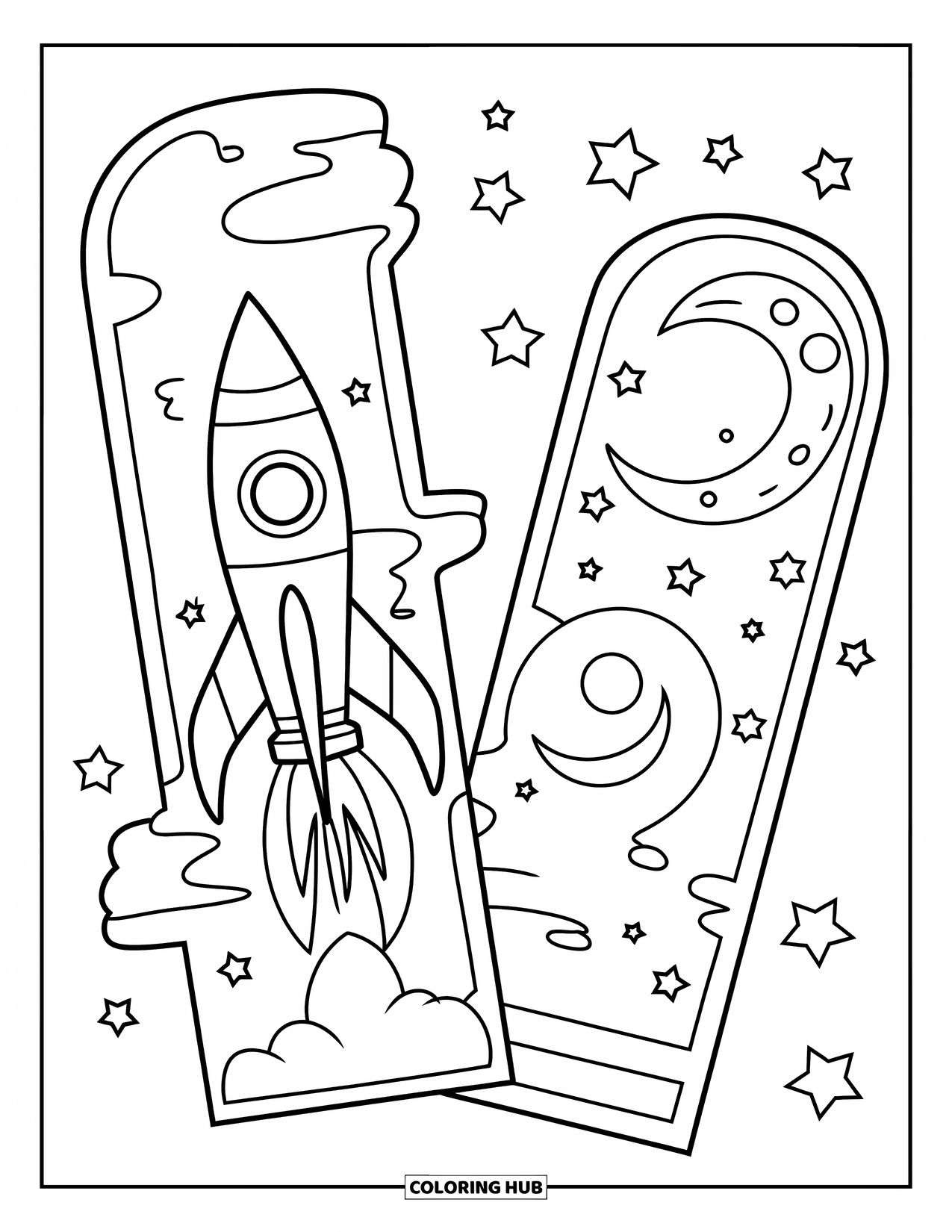 Bookmark Coloring Page for Kids: Bookmarks with rocket ship and moon surrounded by stars