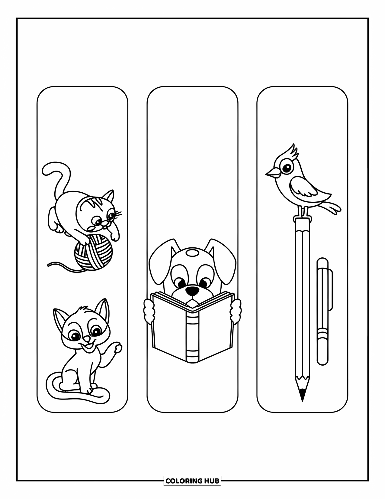Bookmark Coloring Page for Kids: Cat, dog, and bird bookmarks with fun, friendly designs